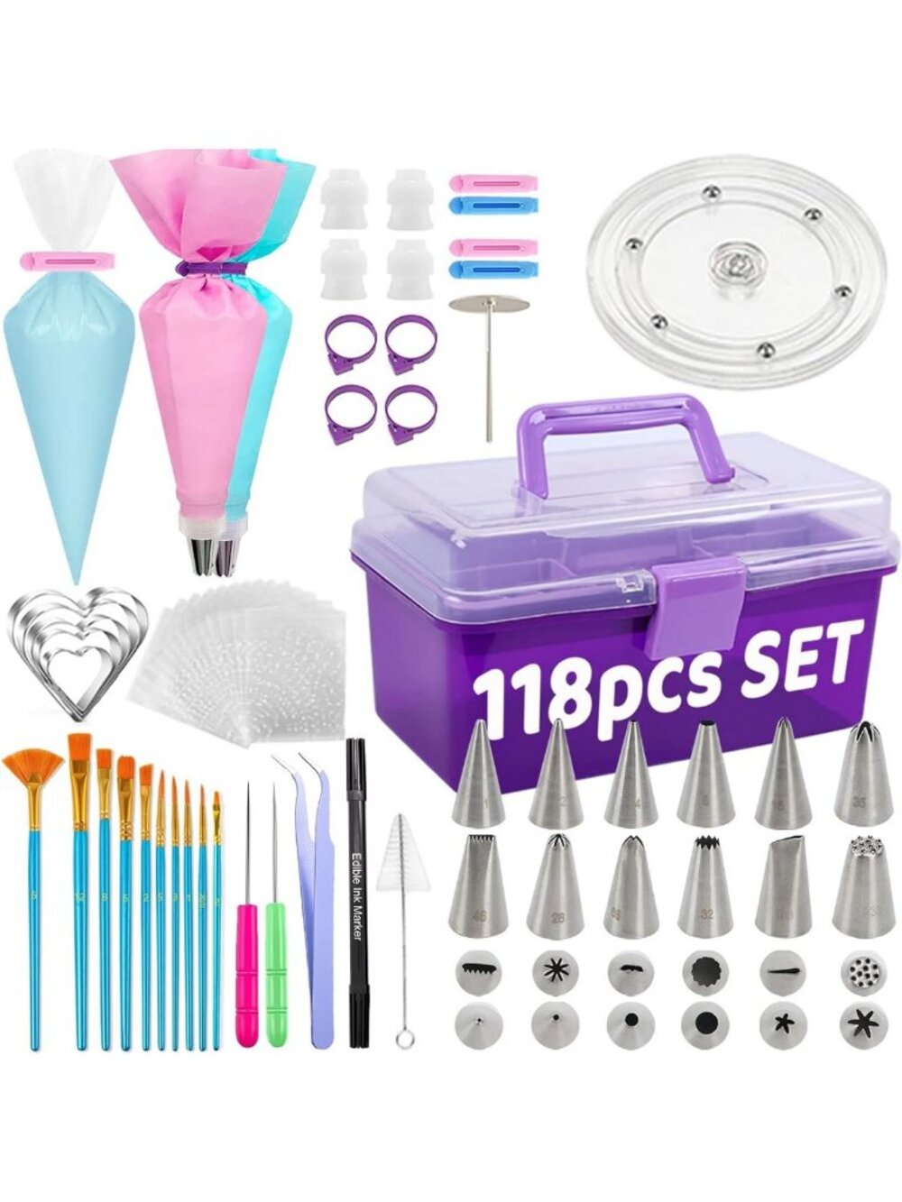 118-Piece Cookie Decorating Kit with Storage Case, Piping Bags, Turntable